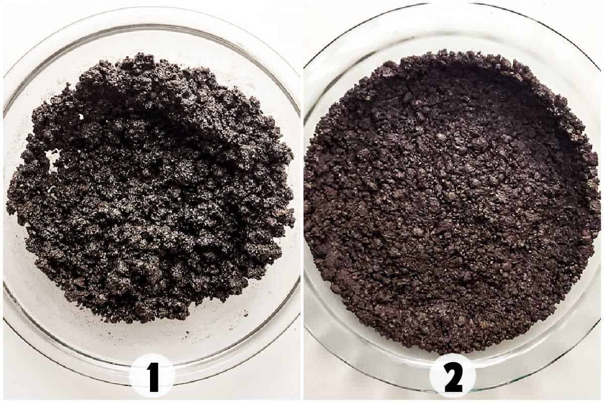 Two-part image showing a chocolate crumb mixture in a bowl on the left, labeled "1," and pressed into a pie dish on the right, labeled "2.