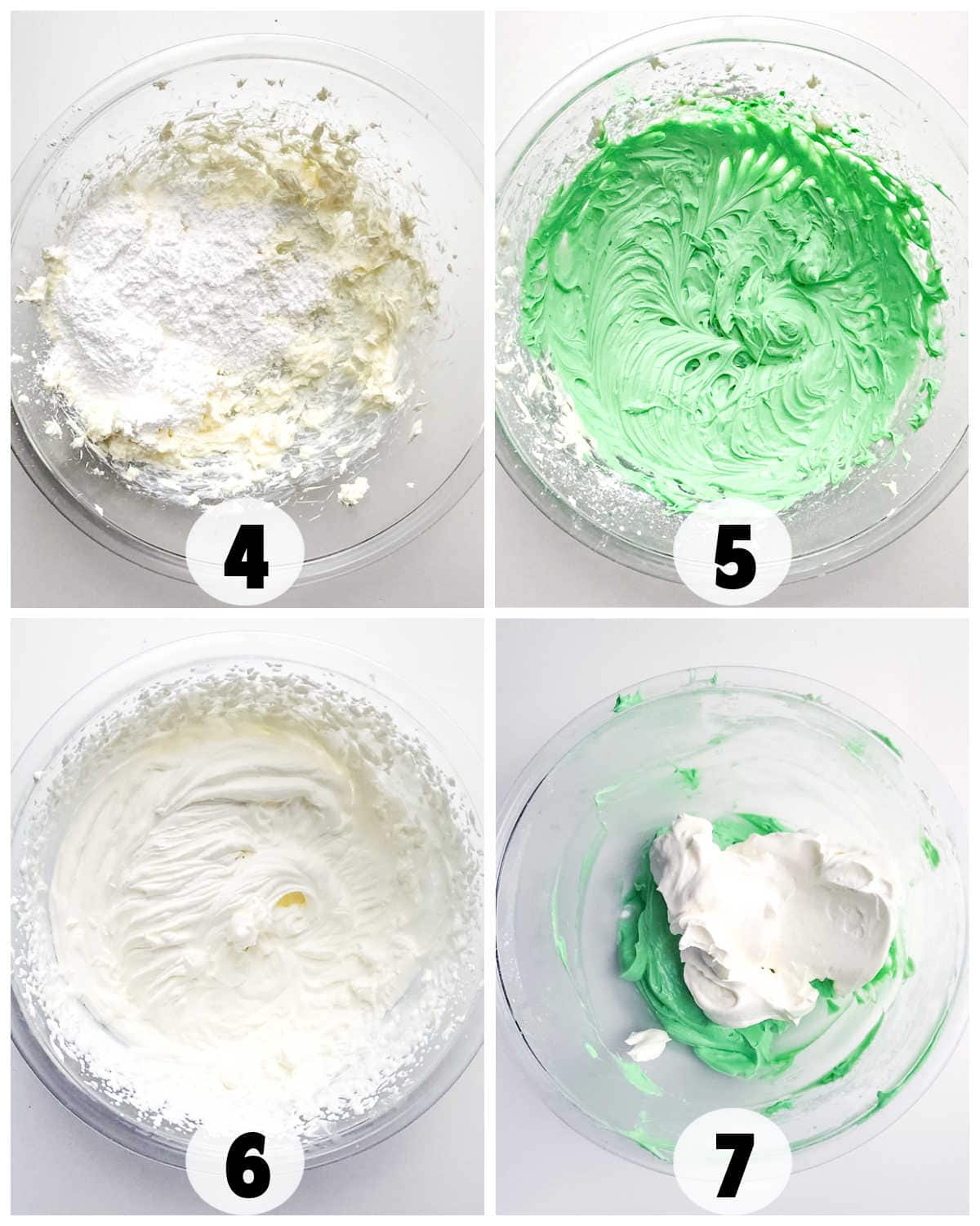Four-step frosting process in bowls. Step 4: Powdered sugar mixed with butter. Step 5: Green food coloring added. Step 6: Whipped until smooth. Step 7: Combined white and green frosting.