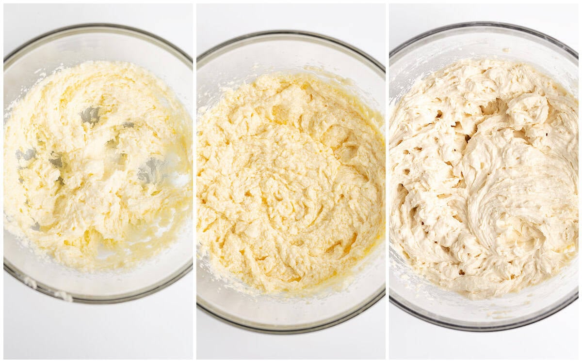 Three glass bowls show the progression of mixing lemon cake dough: left with a creamy mixture incorporating citrus, center with a thicker consistency as it blends, and right with a well-mixed, smooth dough ready for baking.