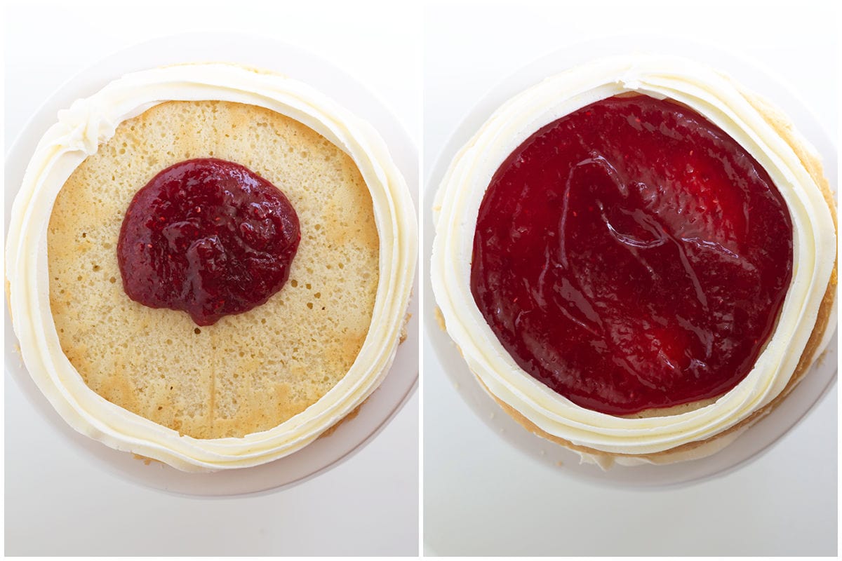 Two side-by-side images of a cake before and after applying raspberry jelly. The left shows a dollop of raspberry jelly on lemon cake, while the right displays the vibrant jelly spread evenly across the top.