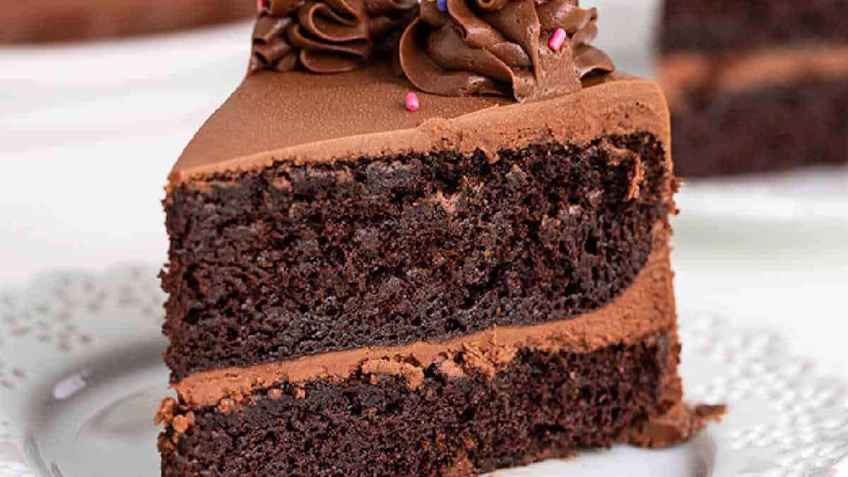 A slice of layered chocolate cake, made using a rich cake mix, sits on a white plate. It's topped with luscious chocolate frosting and vibrant sprinkles.