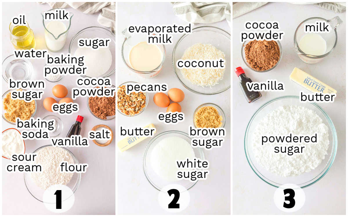Three groups of baking ingredients labeled 1 to 3 for making German Chocolate Cake, including eggs, sugar, flour, milk, cocoa powder, coconut, pecans, butter, evaporated milk, vanilla, and powdered sugar.