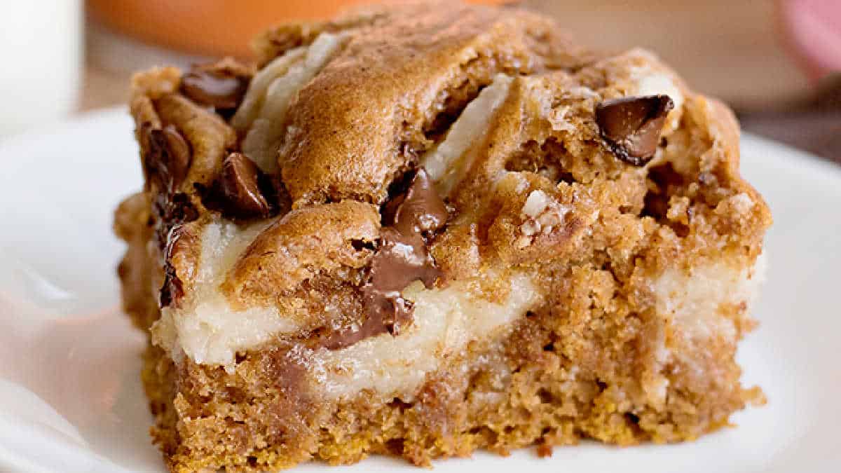 Close-up of a delightful chocolate chip cake, crafted from a cake mix, with a creamy layer, resting gracefully on a white plate.