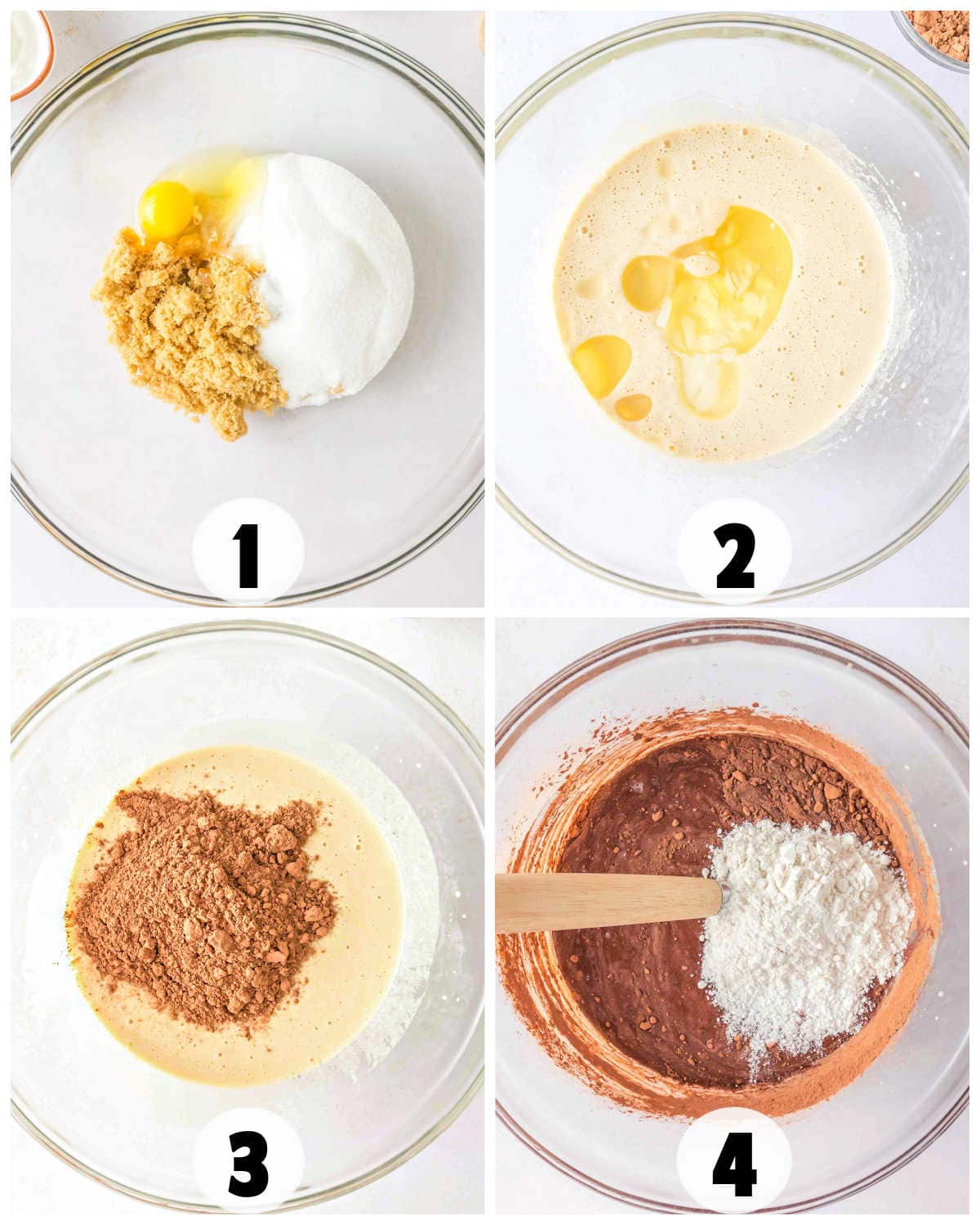 Four-step collage showing the mixing process for German Chocolate Cake: sugar and eggs, blended mixture with oil, addition of cocoa powder, then flour being stirred in with a spatula.