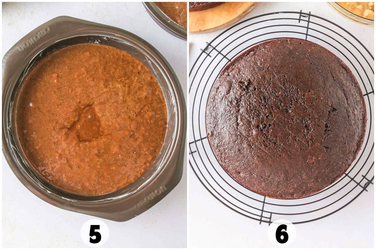 Image split in two: left shows unbaked German Chocolate Cake batter in a round pan labeled “5”; right shows the baked cake on a cooling rack labeled “6”.