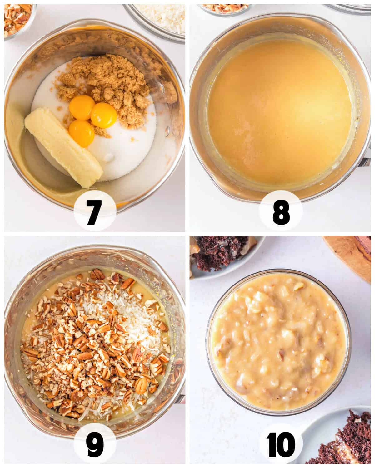 Four-step collage showing the progression of mixing ingredients for German Chocolate Cake: creamed mixture (7), blended liquid (8), added nuts and coconut (9), and finished batter (10).