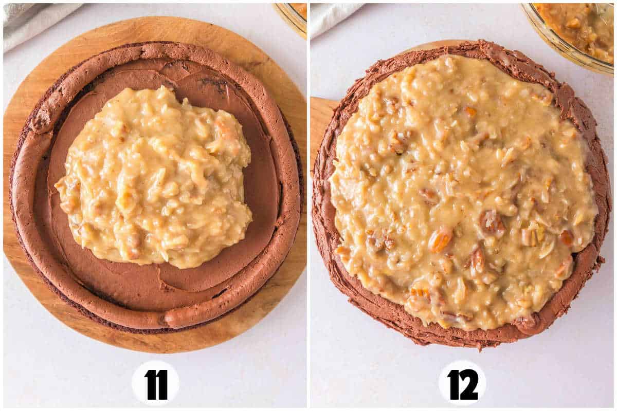 Two-step process of frosting a German Chocolate Cake: Step 11 displays a thick layer of nutty frosting on a plain chocolate cake; Step 12 shows the cake completely covered with the decadent frosting.