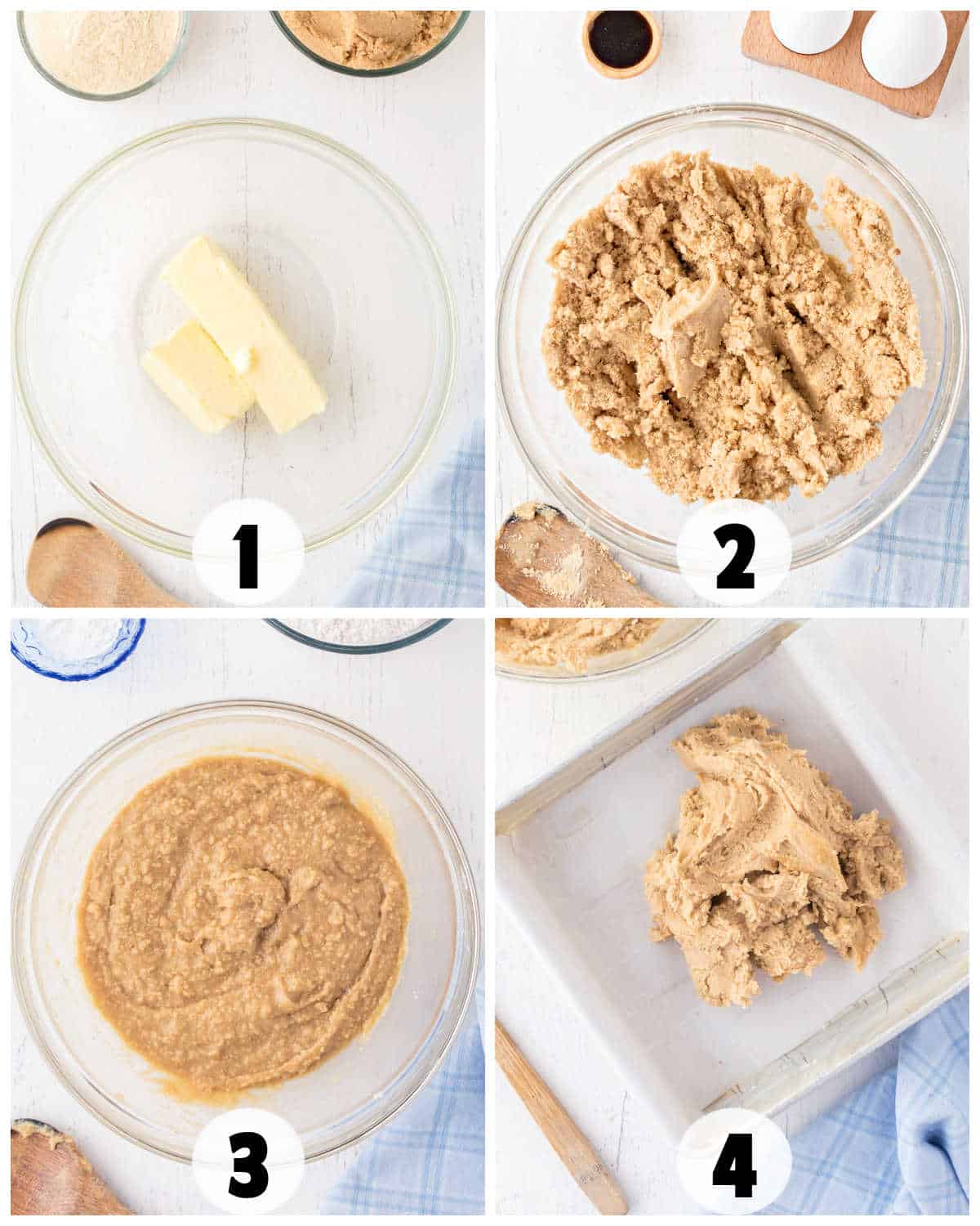 Follow this four-step baking process for perfect blondies: (1) Butter smoothly blends in a bowl, (2) Creamed with malted milk mixture, (3) Achieve a smoother consistency, (4) Shape the dough onto a baking sheet. Highlighting ingredients like eggs and vanilla extract ensures rich flavor.