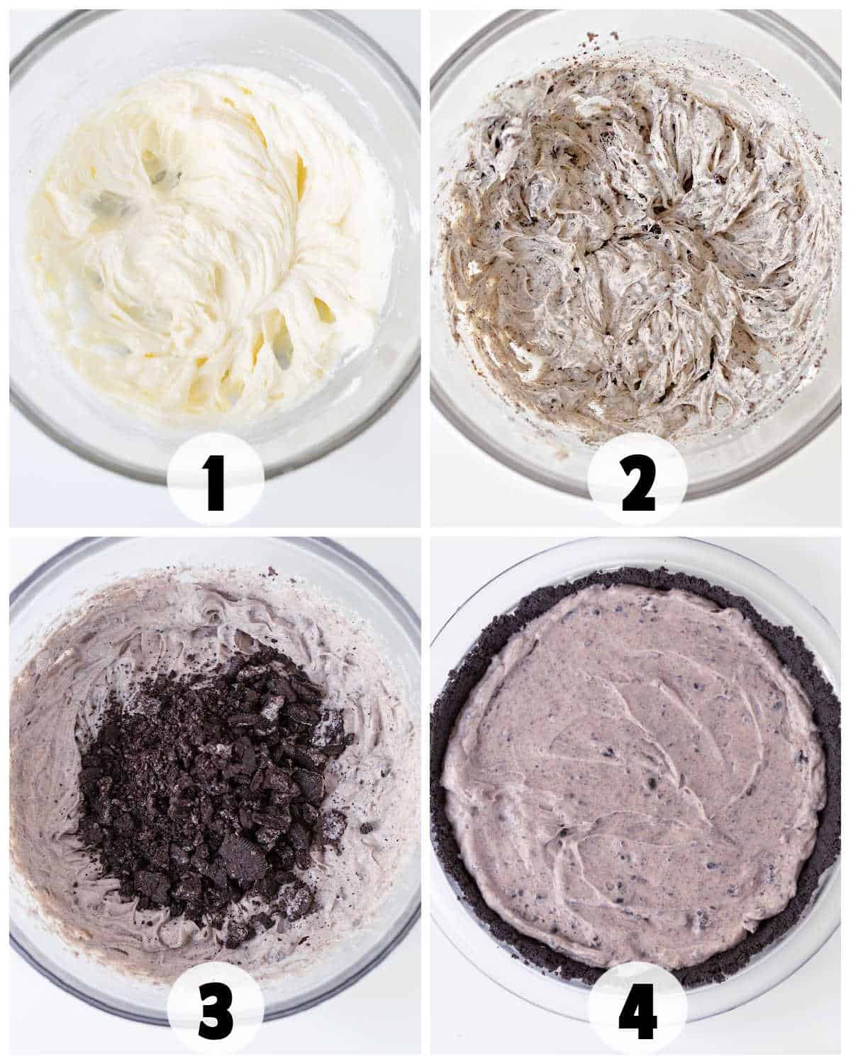 Four-step process of making a cookies and cream pie: mixing cream, adding crushed cookies, mixing in more cookies, and spreading the mixture into a crust.