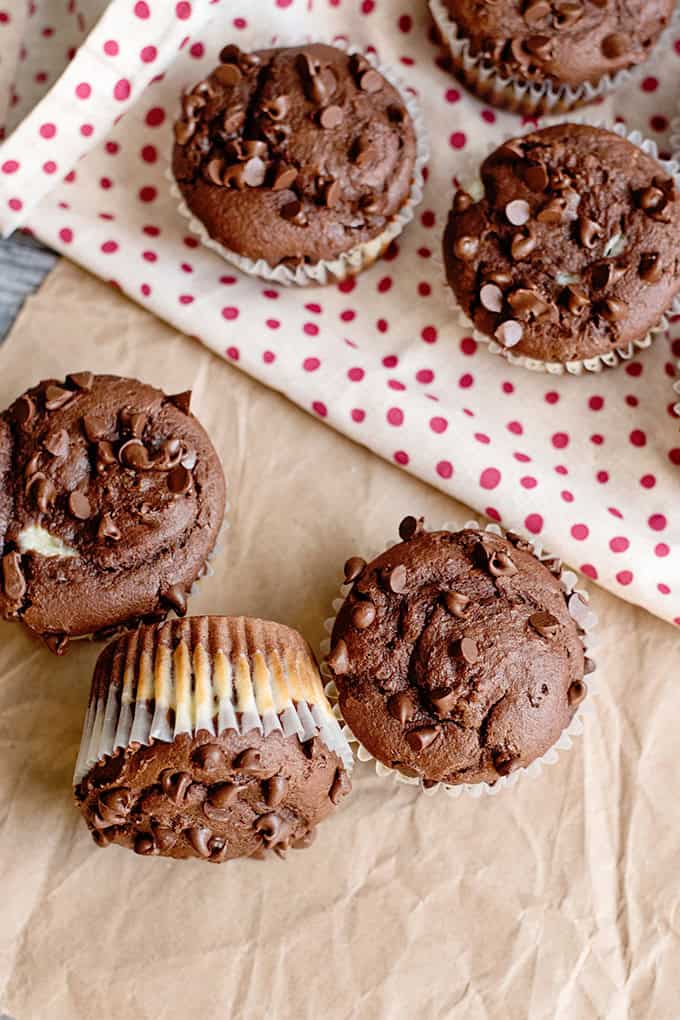 Five chocolate cheesecake muffins are arranged on parchment paper and a red polka dot cloth, with one muffin lying on its side to show its wrapper.