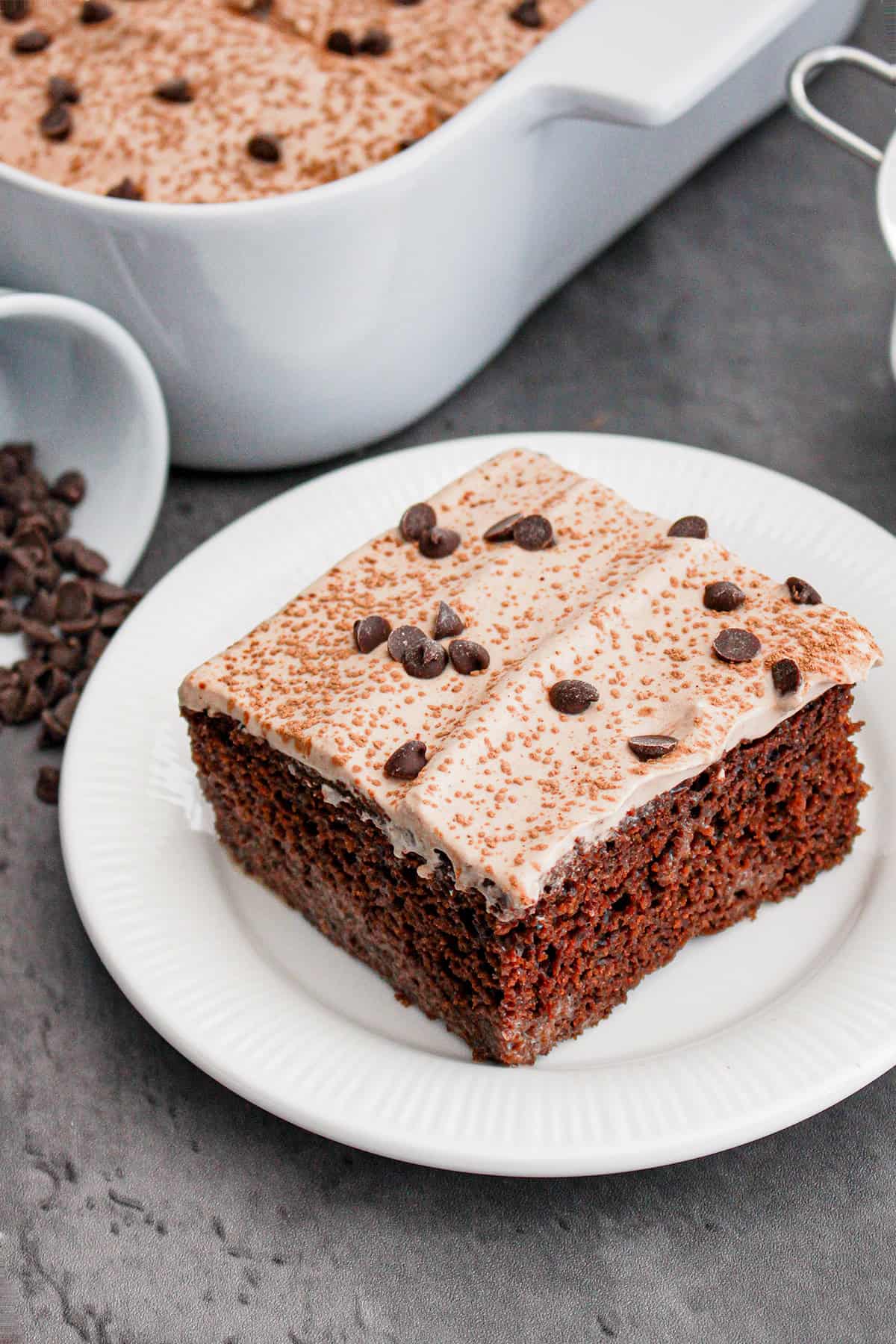 A slice of Chocolate Tres Leches Cake with light frosting and chocolate chips sits on a white plate, while a baking dish and extra chocolate chips are visible in the background.
