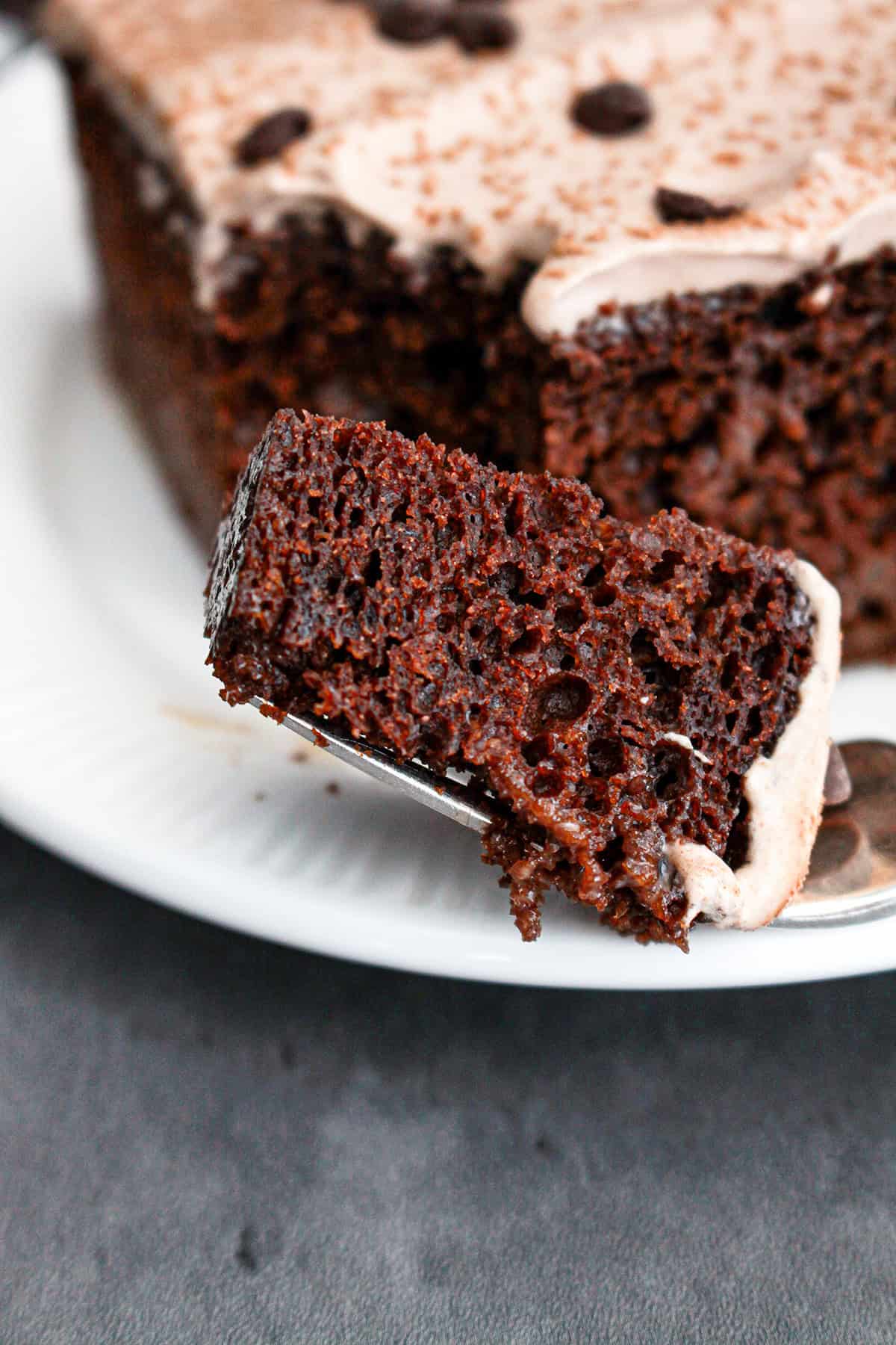 A close-up of a slice of Chocolate Tres Leches Cake with rich frosting on a fork, with the rest of the decadent cake visible in the background on a white plate.