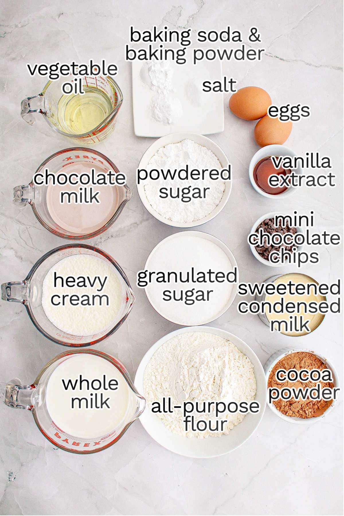 Top-down view of labeled baking ingredients for Chocolate Tres Leches Cake in separate bowls and measuring cups, including flour, sugars, milks, eggs, cocoa powder, oil, and chocolate chips on a white surface.