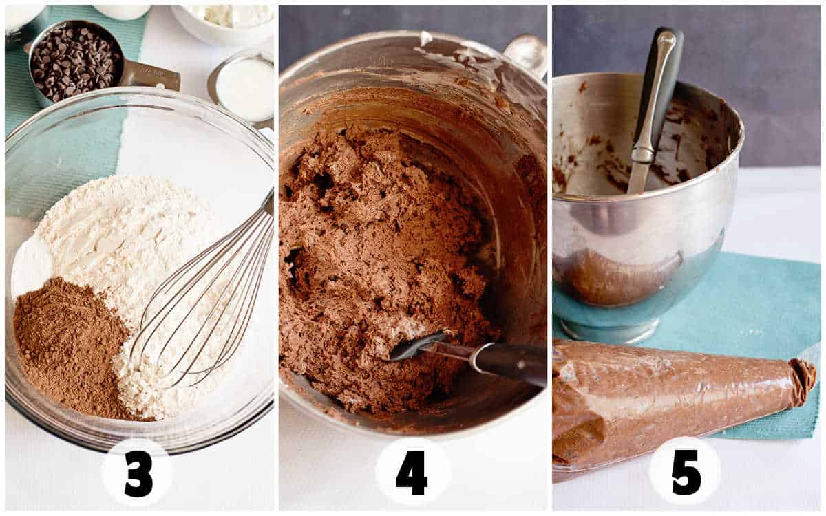 Step-by-step baking process: flour and cocoa powder being whisked in a bowl (3), chocolate cheesecake muffins dough mixed in a bowl (4), and chocolate mixture in a piping bag (5).
