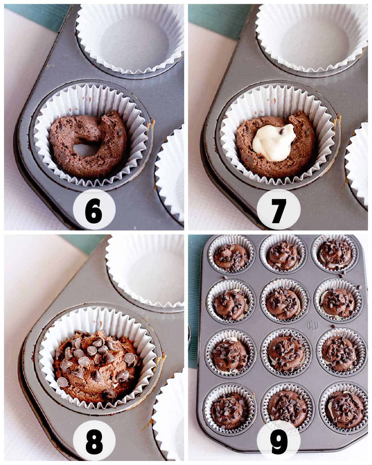 Discover how to make chocolate cheesecake muffins in four steps: hollow the center, add creamy white filling, top with dough and chocolate chips, then admire a tray of perfectly finished treats.