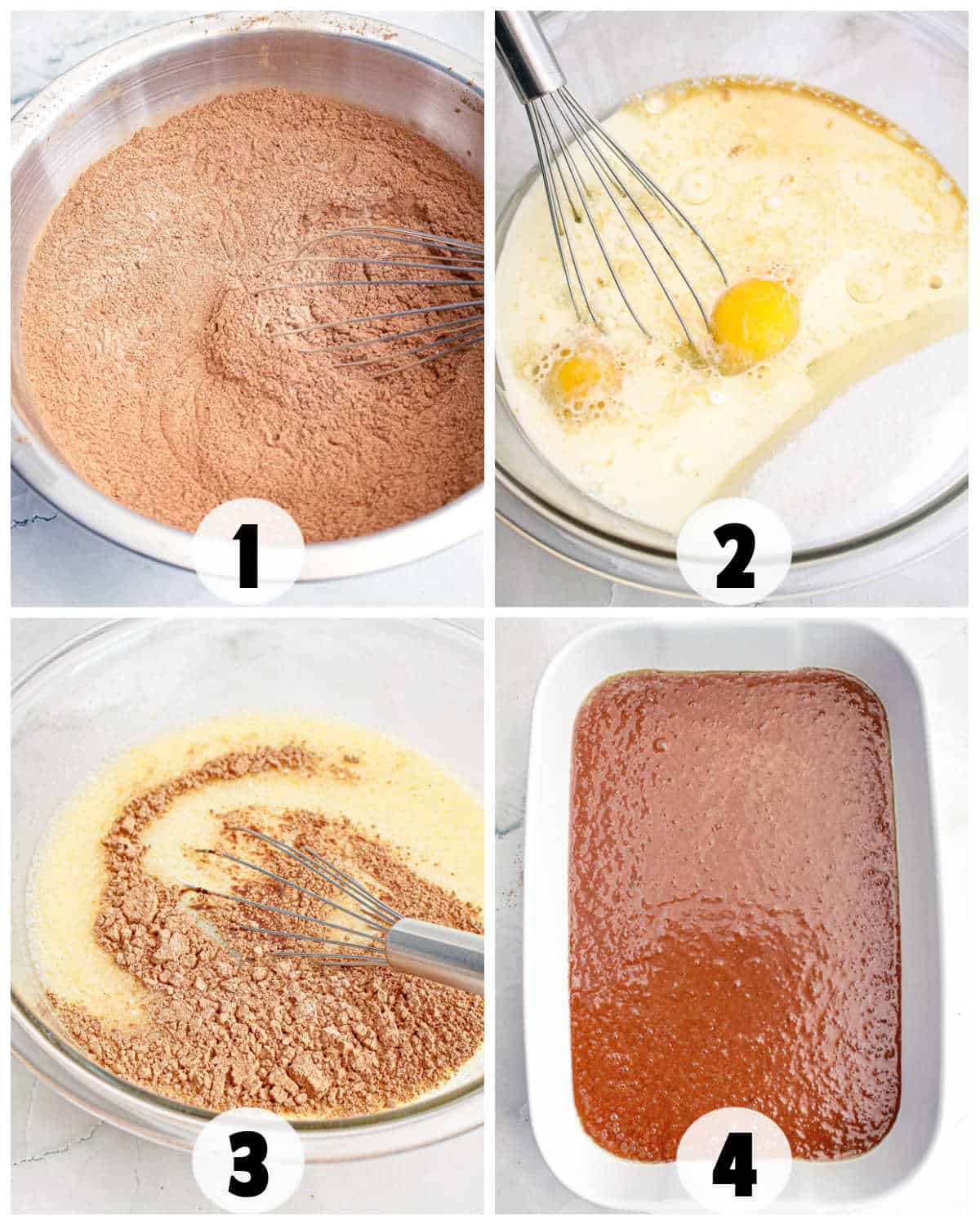 Four-step collage illustrating brownie batter prep: like making Chocolate Tres Leches Cake, it shows mixing dry ingredients, adding eggs and wet ingredients, combining mixtures, and pouring batter into a baking dish.