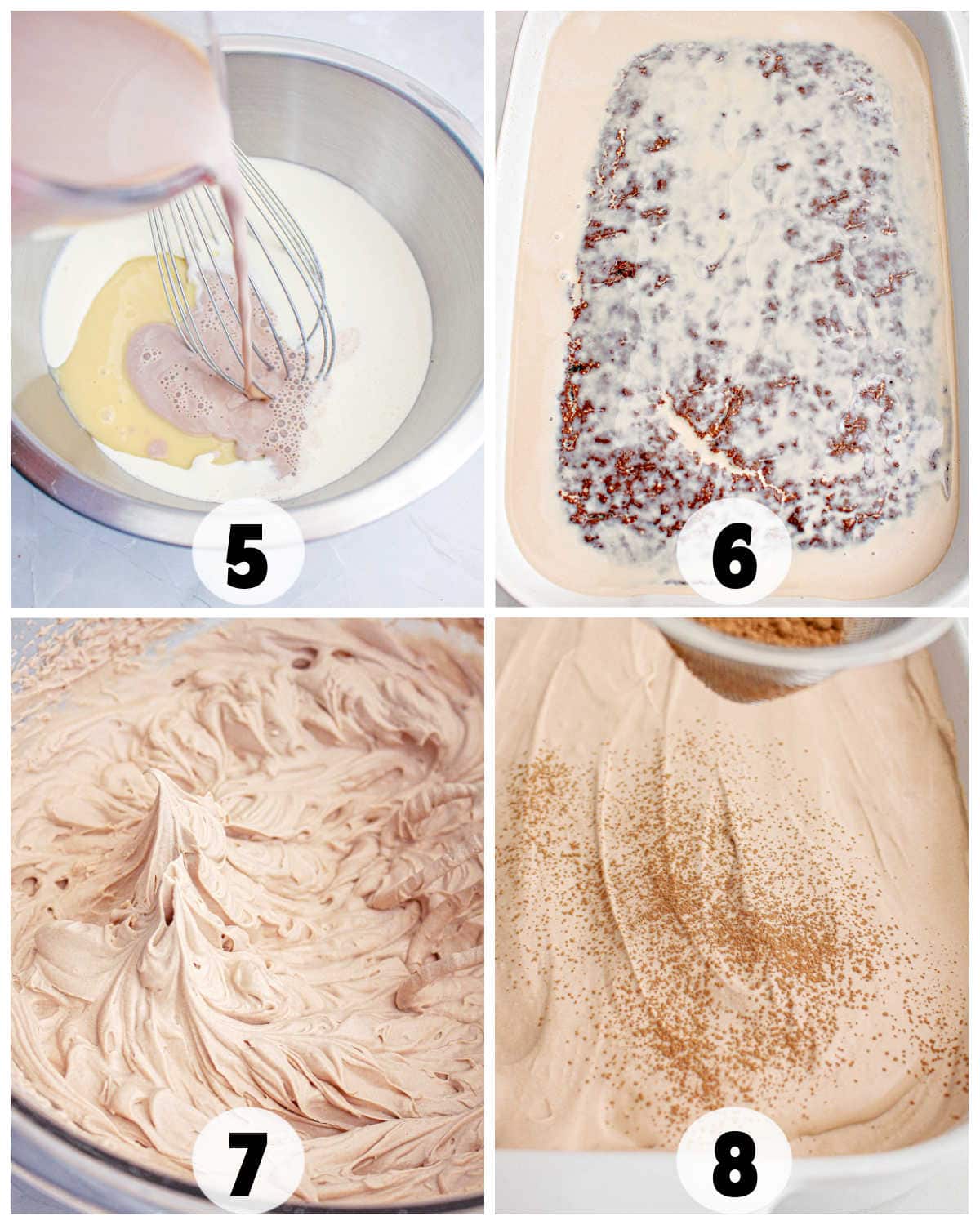 Four-step process of making a Chocolate Tres Leches Cake: mixing ingredients, pouring liquid over cake, whipped mixture close-up, and sprinkling powder on top. Steps are labeled 5 to 8.