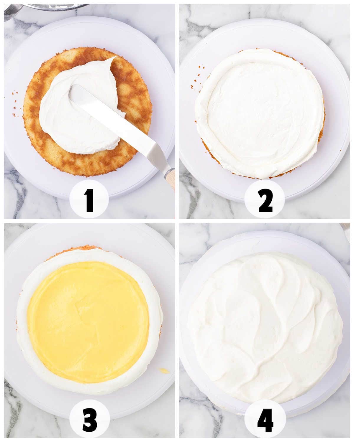 Four-step process of assembling a cake: spreading frosting on the base, creating a frosting border, filling with lemon curd, and covering the top with more frosting.