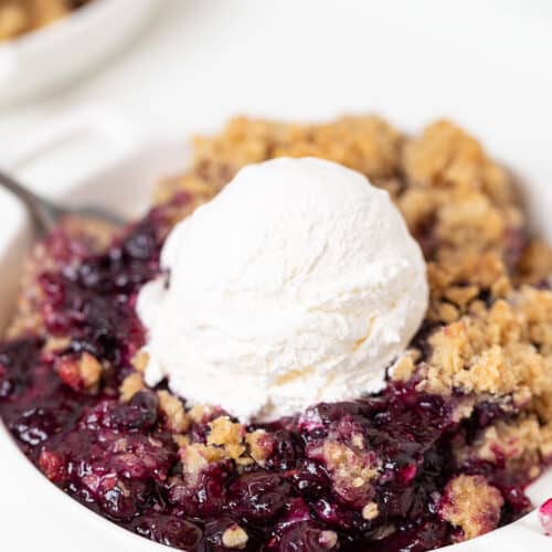 A serving of Blueberry Crisp topped with a scoop of vanilla ice cream on a white plate, with a spoon resting beside it.