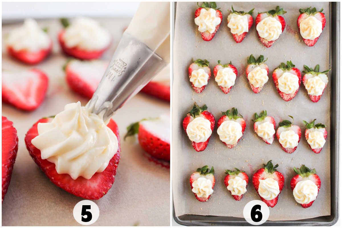 Piped cream cheese filling onto halved strawberries on a baking sheet, creating a delicious dessert reminiscent of deviled strawberries; shown in close-up and top-down views.