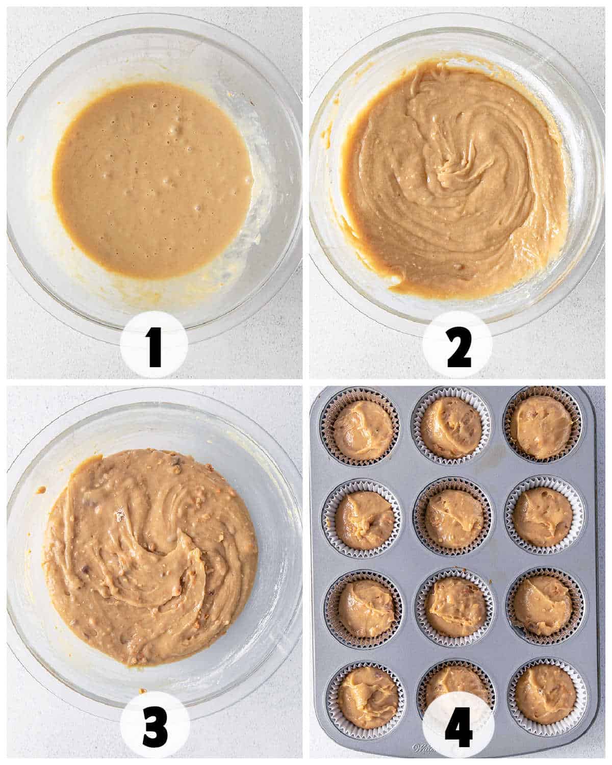 Four-step collage showing banana muffin batter being mixed in glass bowls, then spooned into paper-lined muffin tin cups, ready for baking—perfect inspiration for peanut butter cupcakes or other sweet treats.