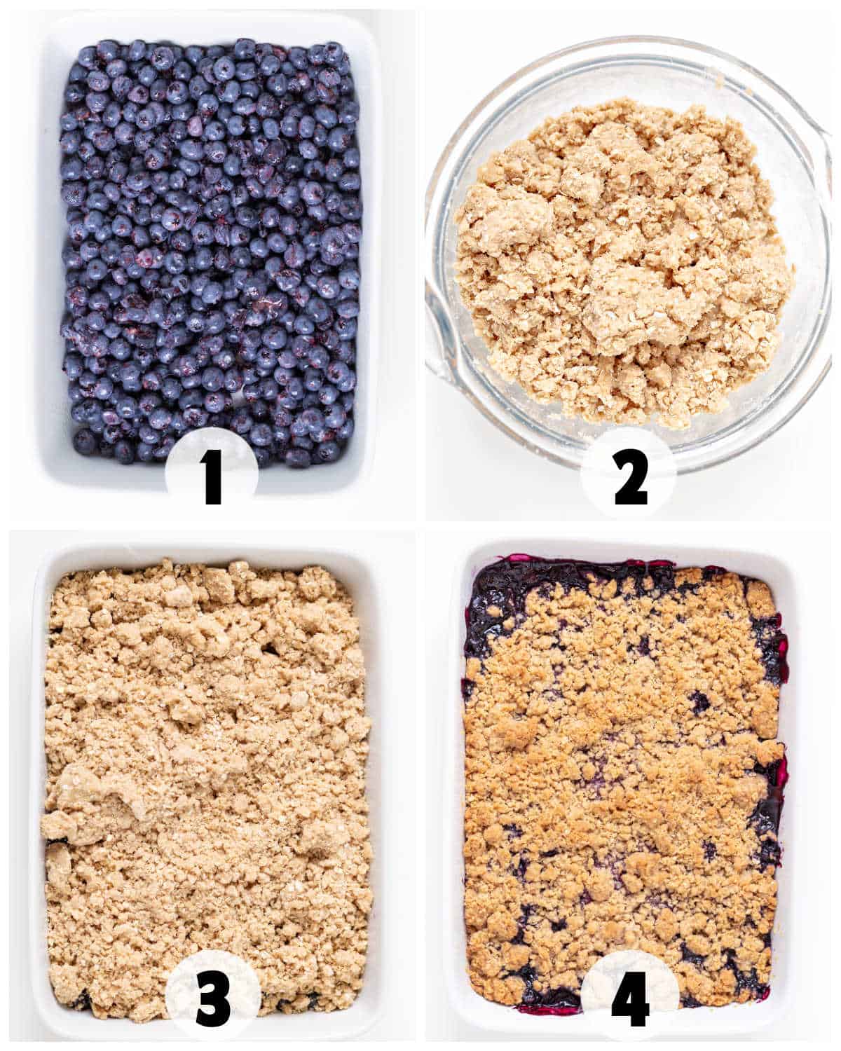 Four-step process of making Blueberry Crisp: 1. baking dish with blueberries, 2. bowl of crumble topping, 3. topping spread over blueberries, 4. baked Blueberry Crisp fresh from the oven.