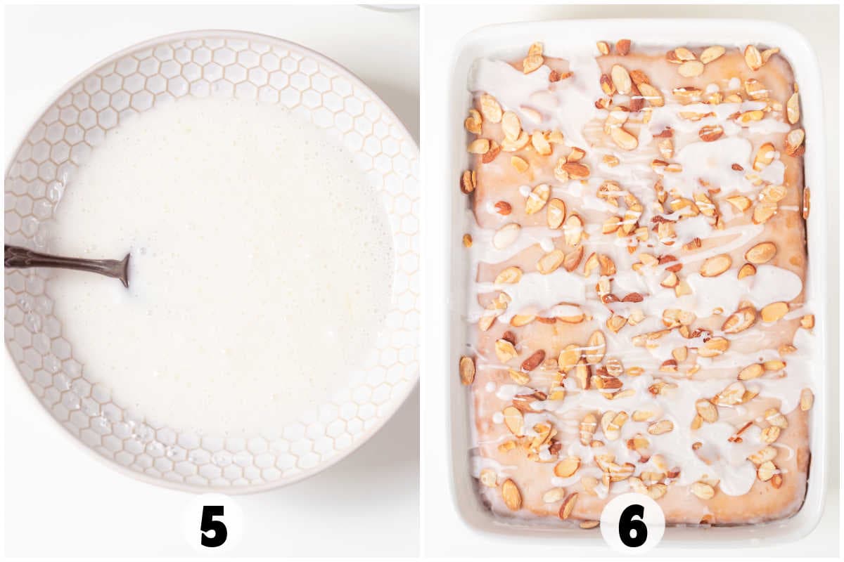 Side-by-side images: left shows a bowl of white icing with a spoon; right displays Lemon Almond Cake topped with icing and sliced almonds in a rectangular dish. Both images are numbered 5 and 6.