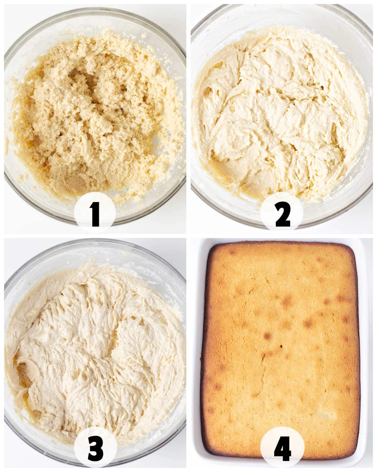 Four-step collage showing Lemon Almond Cake batter preparation: step 1 creamed butter and sugar, step 2 mixed batter, step 3 smooth batter, step 4 baked golden cake in rectangular pan.