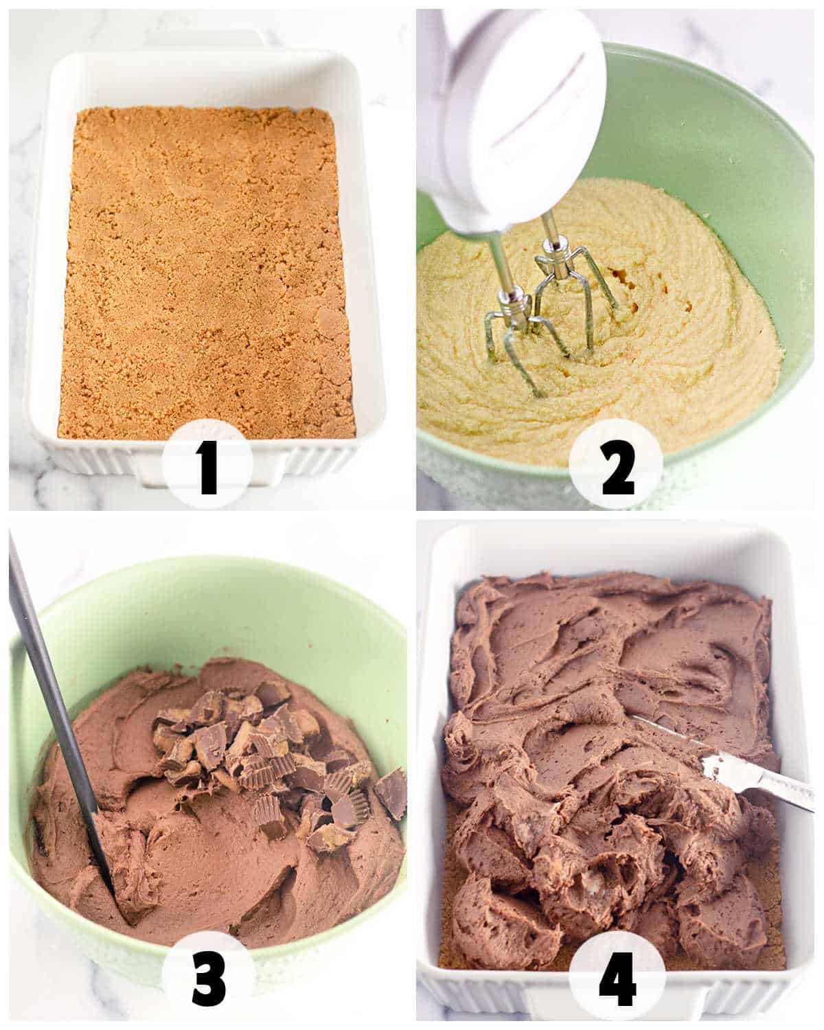 Les images étape par étape montrent le beurre d'arachide s'mores formant des brownies: une croûte de biscuits Graham dans un plat, mélangeant la pâte, pliant en morceaux de chocolat et étalant le mélange de chocolat dans un plat.