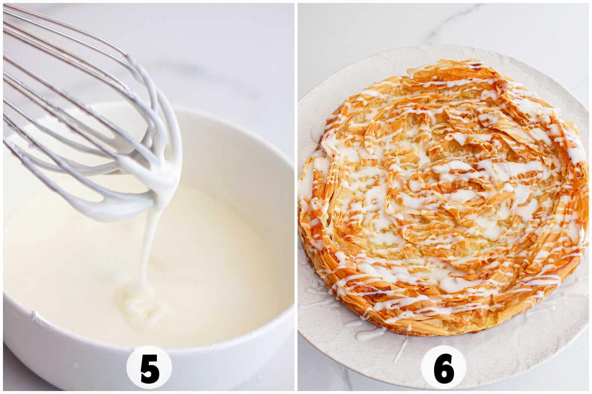 Image split in two: left shows a whisk dripping white icing into a bowl, right shows a Lemon Crinkle Cake on a plate drizzled with white icing. Both images are labeled 5 and 6.