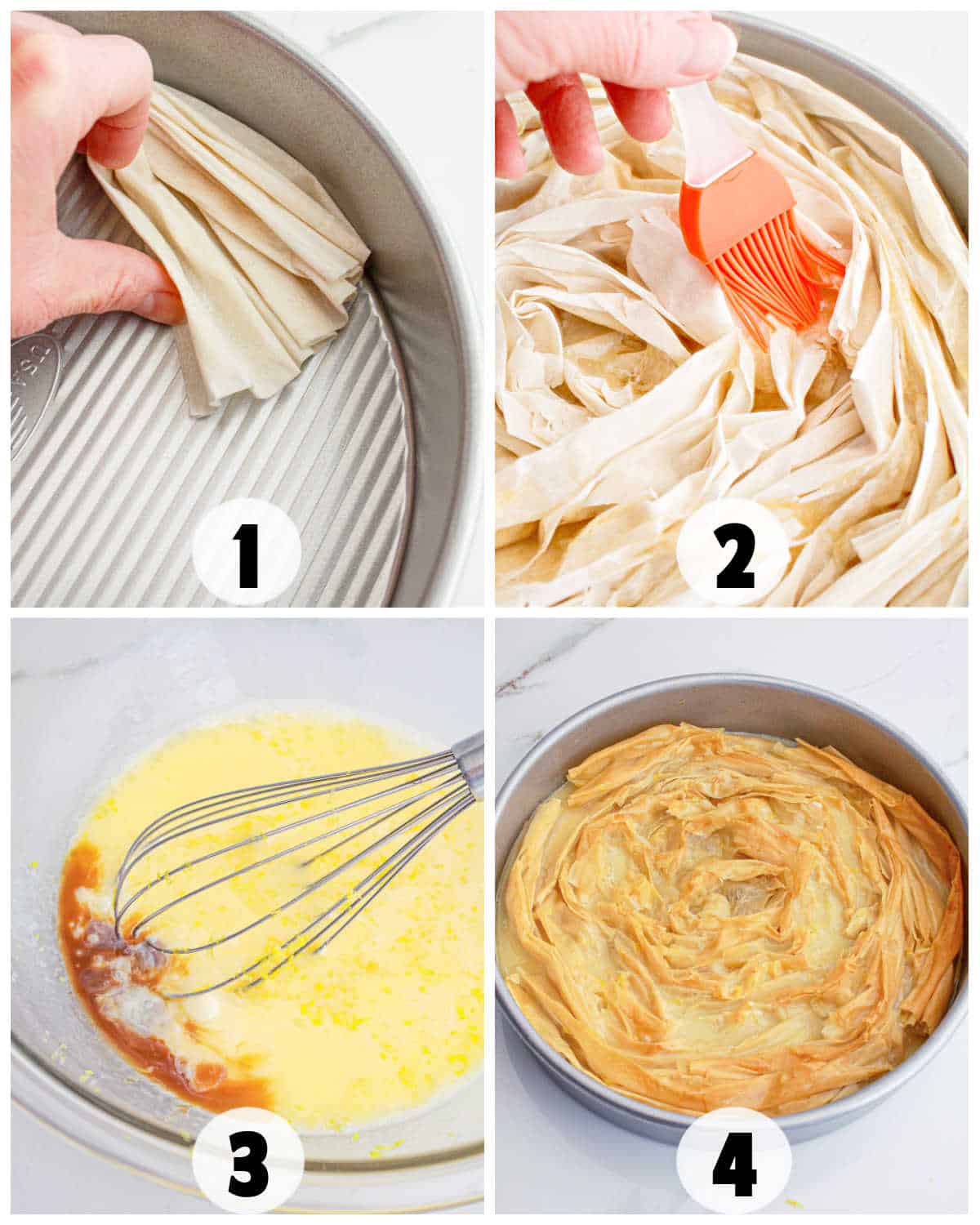 Four-step process for making a Lemon Crinkle Cake: folding phyllo dough, brushing with liquid, whisking ingredients, and baking until the cake emerges golden in a round pan.