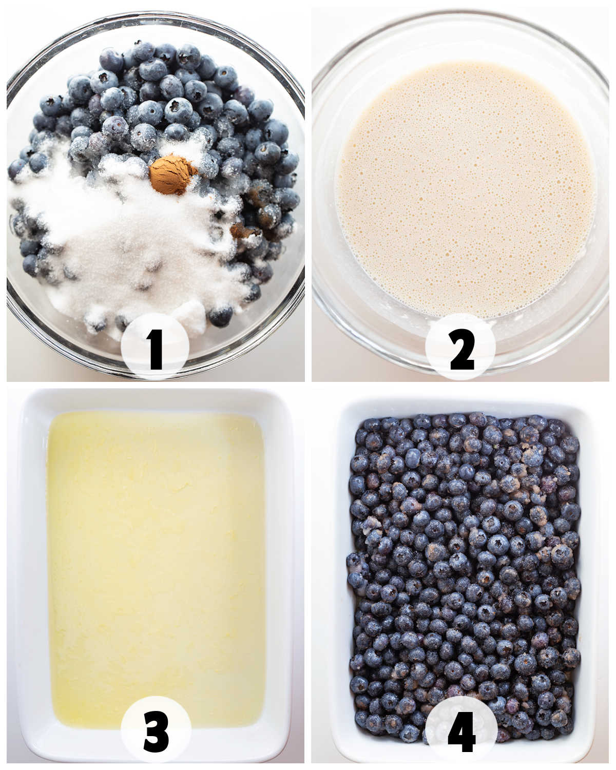 Step-by-step images show: 1) Blueberries with sugar and cinnamon; 2) Batter in a bowl; 3) Melted butter in a baking dish; 4) Blueberry mixture in the buttered dish for this Easy Blueberry Cobbler.