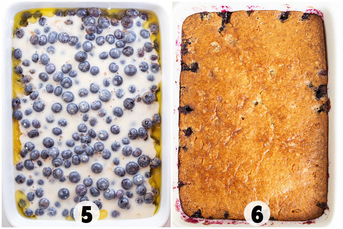 Side-by-side comparison of an Easy Blueberry Cobbler before baking, with batter and blueberries visible, and after baking with a golden-brown crust.