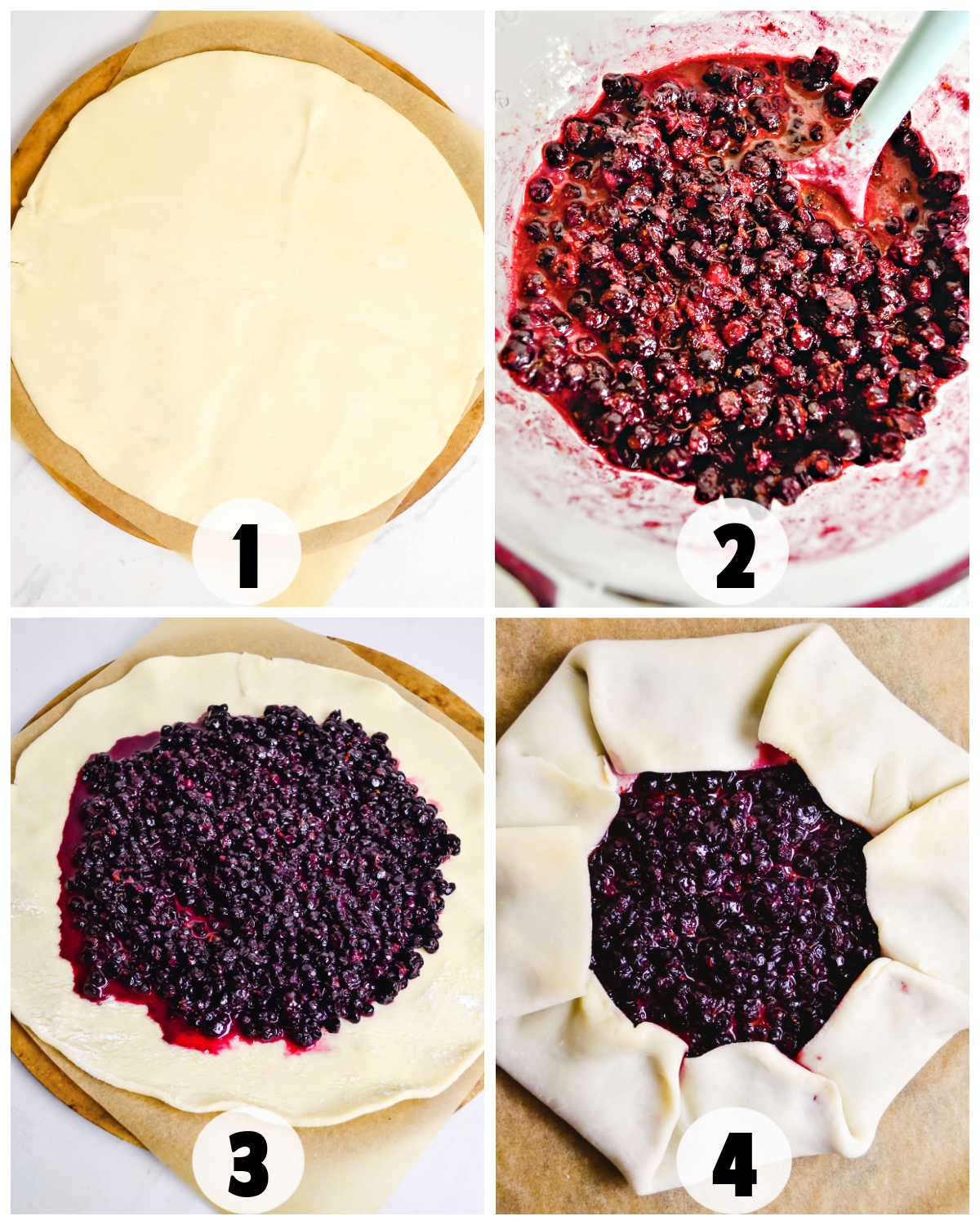 Step-by-step process of making a blueberry galette: rolled dough, juicy berry filling, filling placed on dough, and crust folded over the filling before baking this rustic pie.