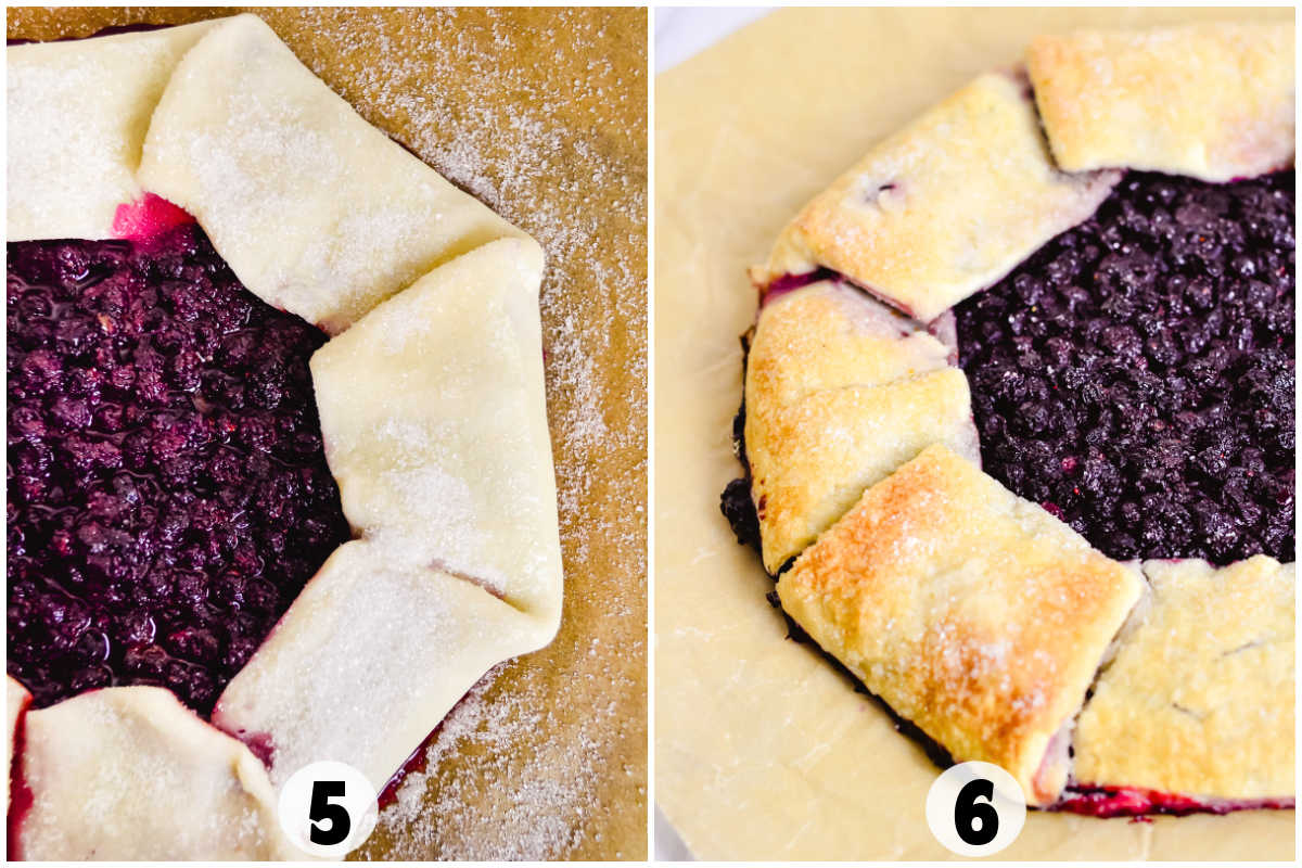 Side-by-side images show a blueberry galette: the left image displays the unbaked galette with folded edges, while the right shows it baked to a golden brown crust.