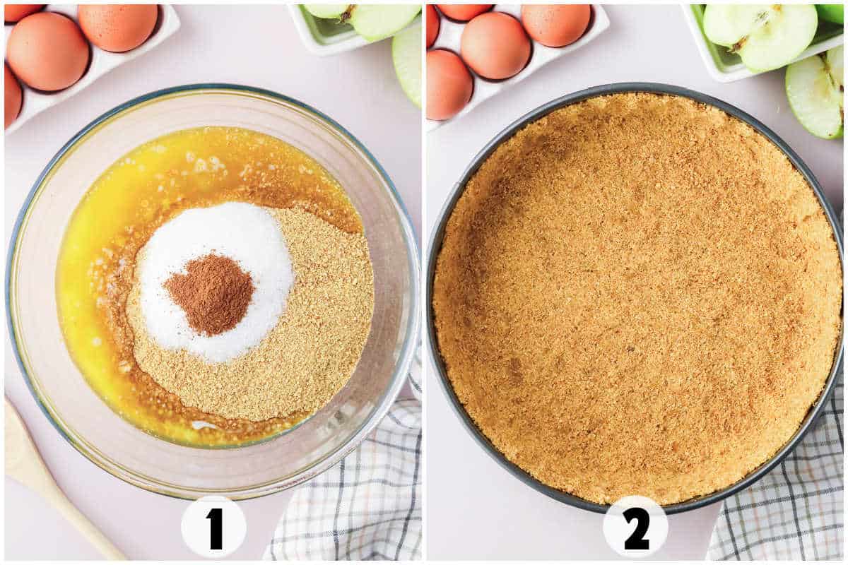Step 1 shows graham cracker crumbs, sugar, cinnamon, and melted butter in a bowl; step 2 shows the mixture pressed into a pie pan as the base for your Apple Crisp Cheesecake crust.