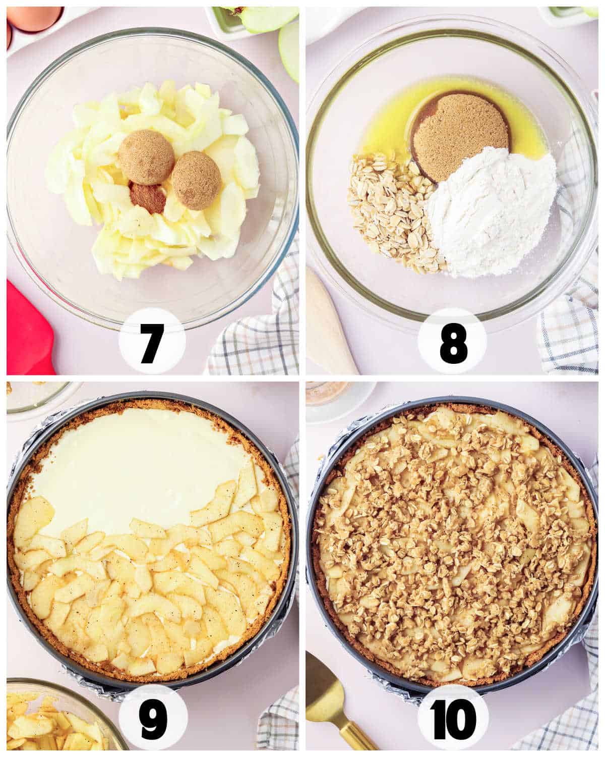 Step-by-step process of making an Apple Crisp Cheesecake crumble: mixing apples and sugar, preparing the crisp topping, layering apples on cheesecake, and adding crumble before baking.