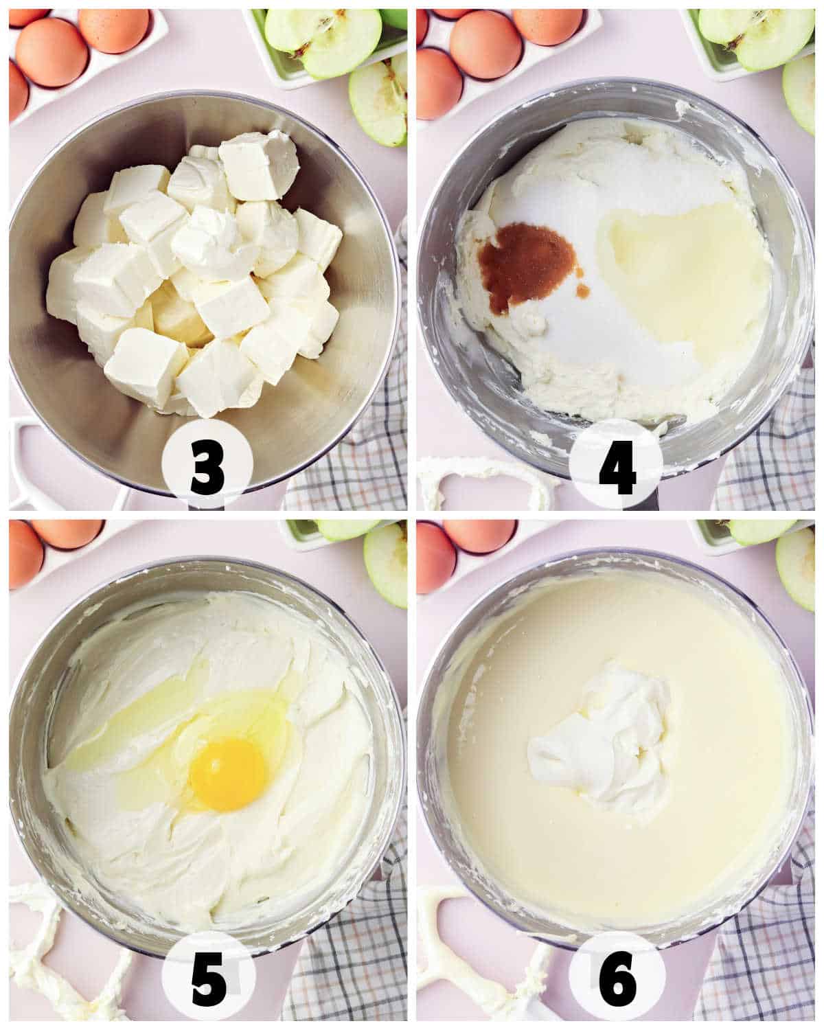 Four-step collage showing the process of making Apple Crisp Cheesecake batter: whipped cream cheese, added vanilla and sugar, blended in egg, and finally incorporated sour cream in a mixing bowl.