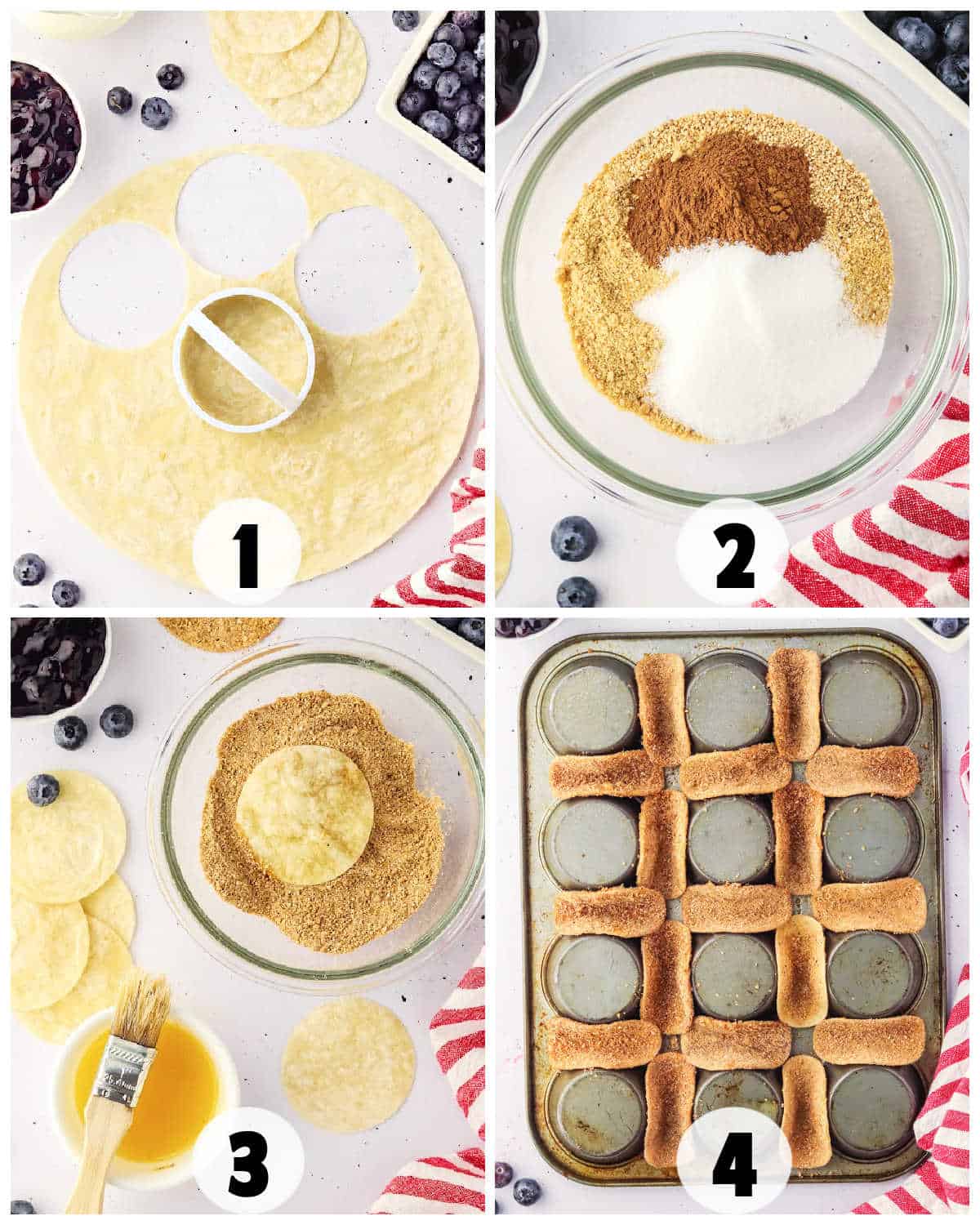Step-by-step process of preparing dessert tortilla cups for Blueberry Cheesecake Tacos: cutting circles, mixing sugar and cinnamon, coating with mixture, and arranging in a muffin tin.