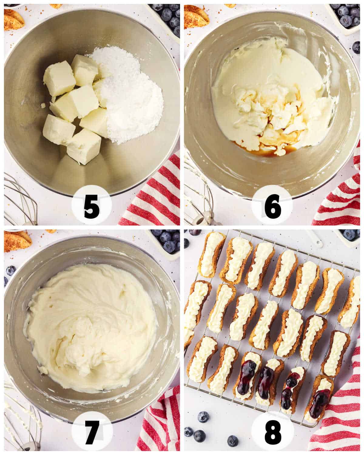 Step-by-step process of making frosting and filling for pastries like Blueberry Cheesecake Tacos: mix butter and sugar, add vanilla, blend until smooth, then fill pastries with creamy filling and fresh fruit.