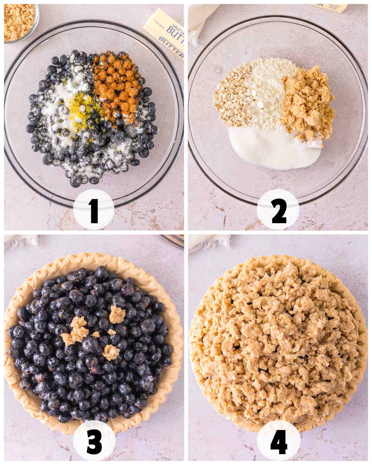 Step-by-step images show how to make a delicious Blueberry Crumble Pie: fresh blueberries with sugar and spices, oat topping mixture, filled pie crust, and the assembled pie ready for baking.