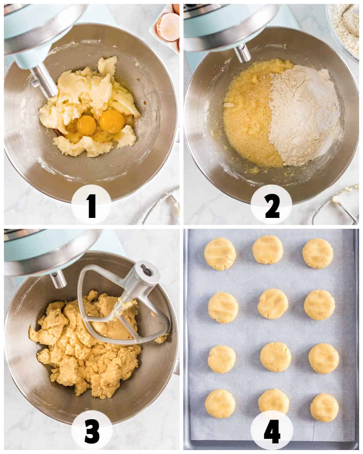 Step-by-step process of making Fruit Pizza Cookies: mixing eggs and sugar, adding flour, mixing dough, and placing dough balls on a baking sheet.