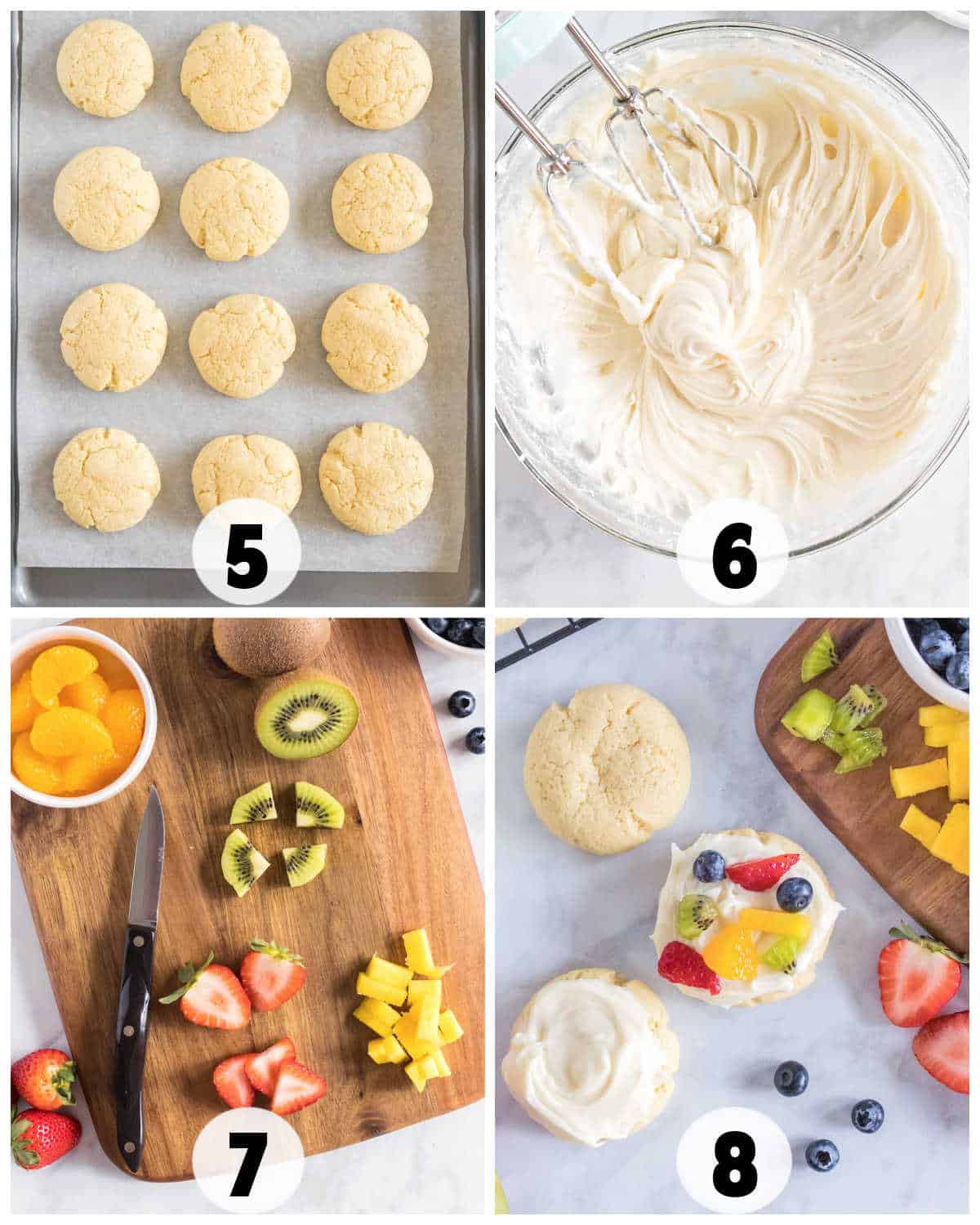 Step-by-step collage showing baked Fruit Pizza Cookies on a tray, whipped cream in a bowl, chopped fruit on a cutting board, and assembled cookies topped with fresh fruit.