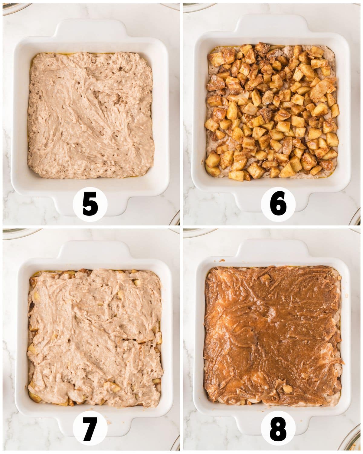 Four-step collage showing the assembly of an Apple Coffee Cake in a white baking dish: batter spread, apple mixture added, more batter layered, and topped with a brown sauce. Each step is numbered 5 to 8.