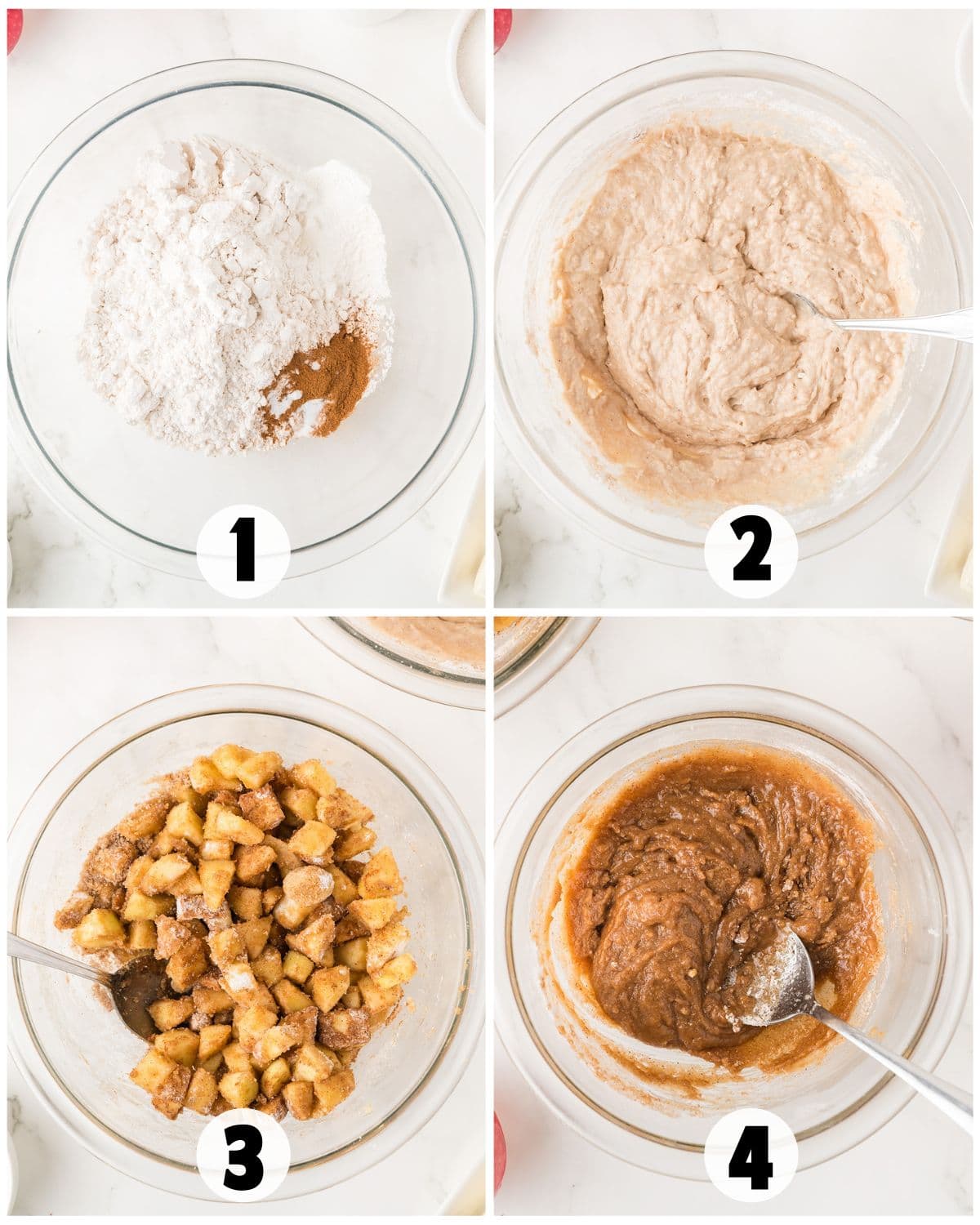 Four-step photo collage showing the process of making Apple Coffee Cake: 1) dry ingredients in a bowl, 2) mixed batter, 3) diced apples with cinnamon, and 4) apples combined with batter in a bowl.