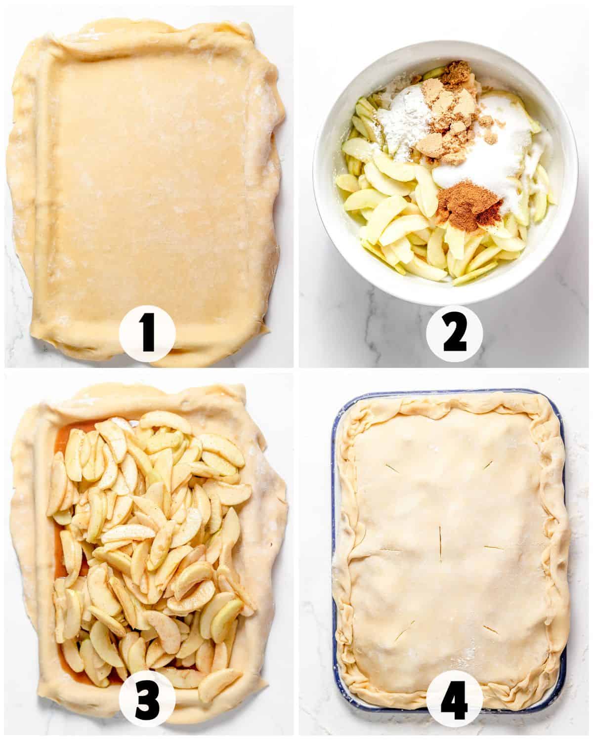 Step-by-step images show: an Apple Slab Pie crust in a pan, sliced apples with sugar and spices in a bowl, apples arranged in the crust, and the pie topped with another layer of crust before baking.