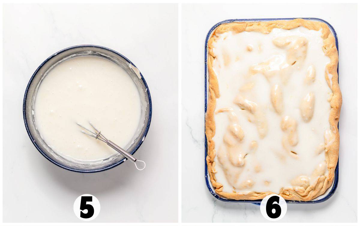 A mixing bowl with white batter and a whisk, labeled “5,” sits next to a rectangular Apple Slab Pie topped with a glossy white topping, labeled “6.”.