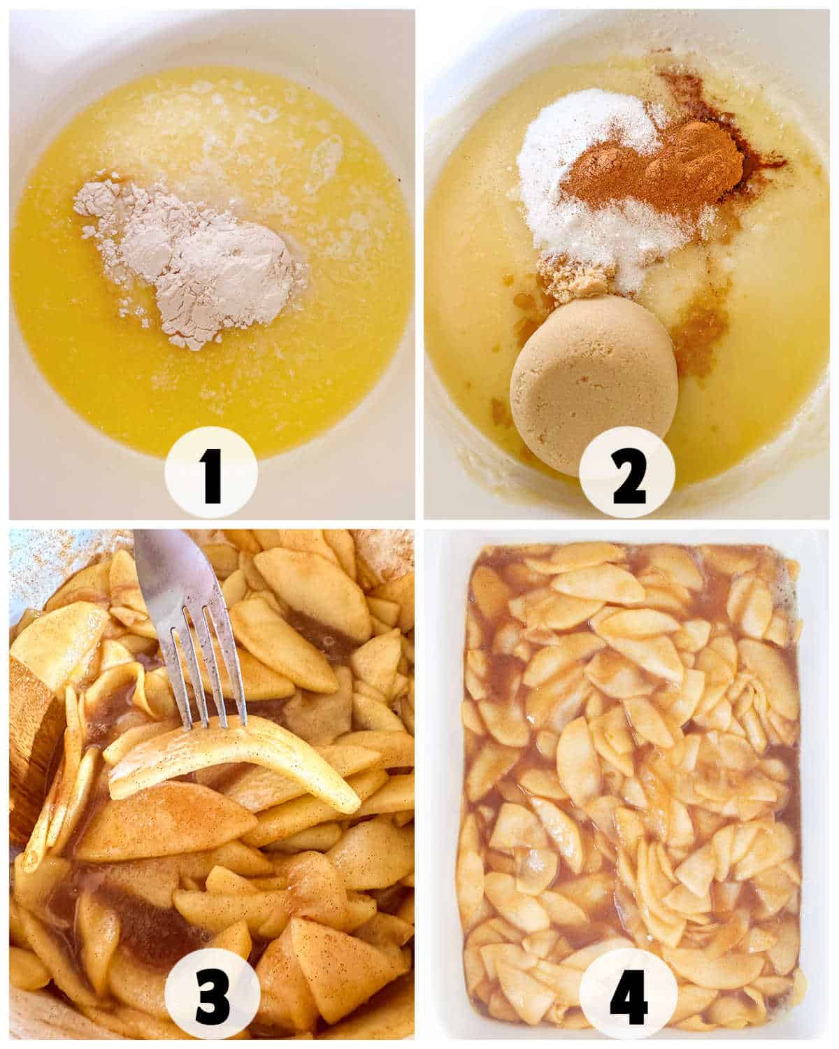 Four-step collage showing Apple Cobbler prep: 1) Flour and melted butter in a bowl, 2) Added sugar and cinnamon, 3) Sliced apples being mixed with a fork, 4) Sliced apples layered in a baking dish with sauce.
