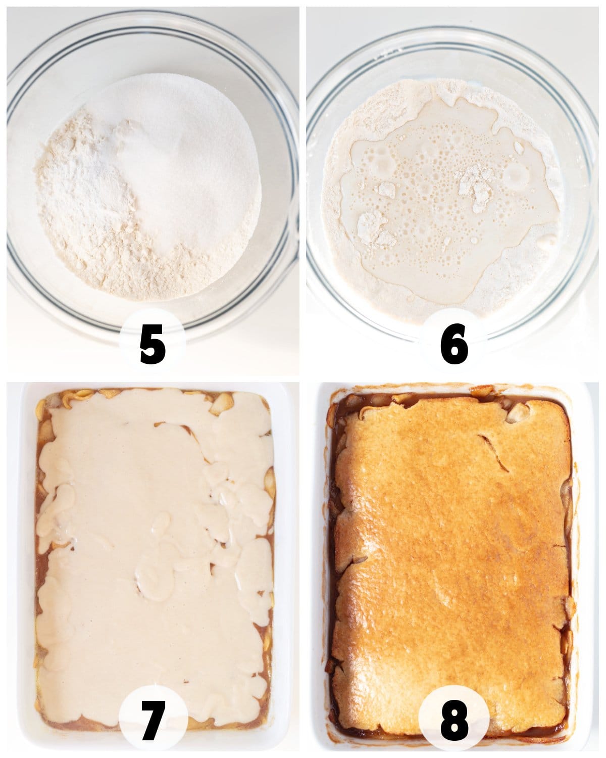 Four numbered images show baking steps: 5. Dry ingredients in a bowl, 6. Wet ingredients added, 7. Unbaked Apple Cobbler batter in a pan, 8. Finished baked cobbler in the same pan.
