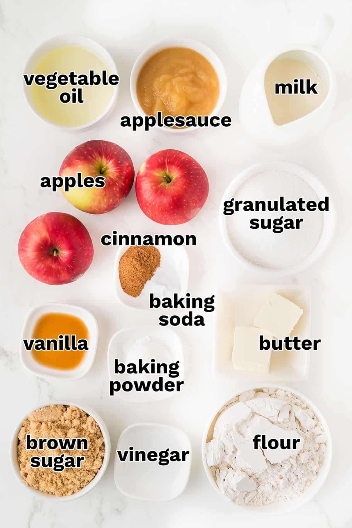 Top-down view of labeled baking ingredients for Apple Coffee Cake, including apples, applesauce, vegetable oil, milk, sugars, vanilla, cinnamon, baking powder and soda, vinegar, butter, and flour.
